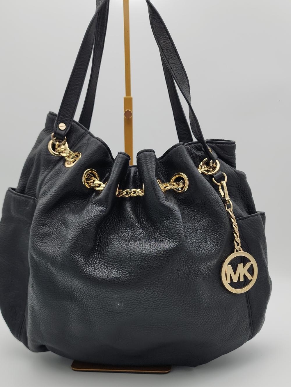 Michael Kors Black Leather Drawstring Shoulder Bag with Gold Hardware